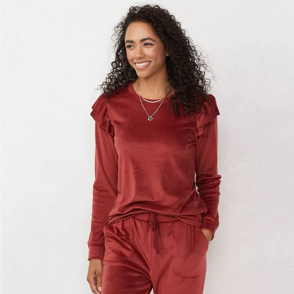 LC Lauren Conrad Ruffle Shoulder Sweatshirt Velour